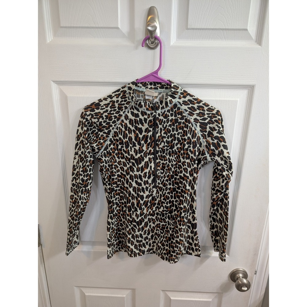 Tory Burch Rash Guard Women Small Leopard Print Brown‎ Long Sleeve Zip - Size S